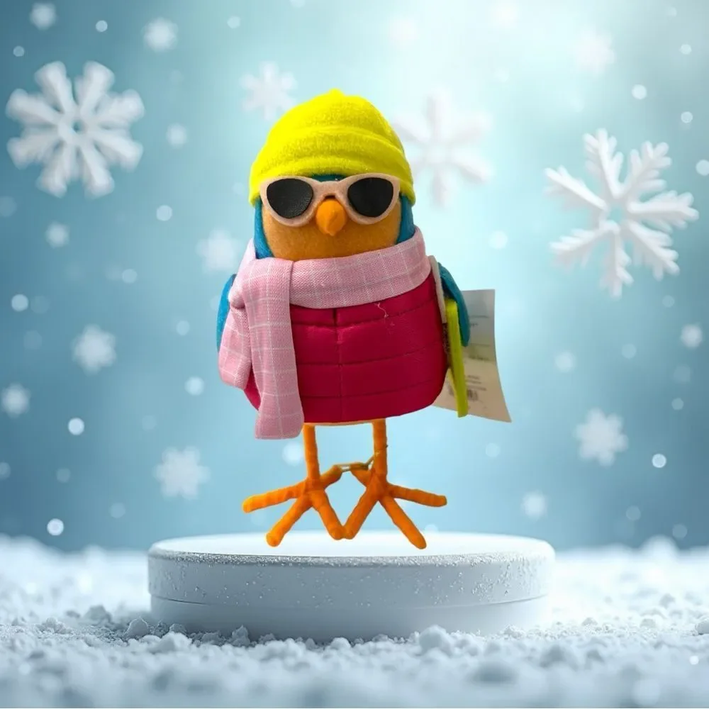Vibrant Holiday Spritz Bird with Yellow Hat and‎ Pink Scarf